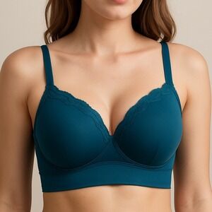 Dobreva Teal Lace Trim Wireless Bra‎ Padded Longline Size 34B Stretch Support